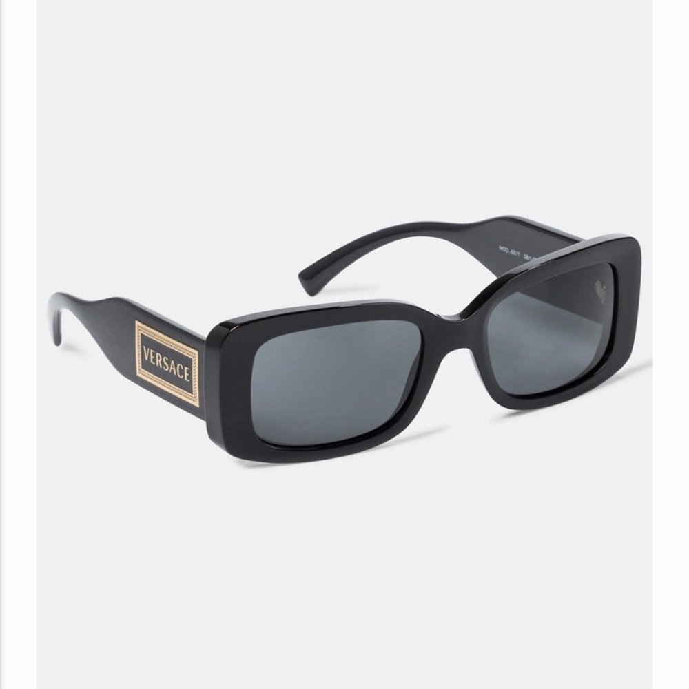 Versace Black Rectangular Sunglasses with Gold Logo Plaque